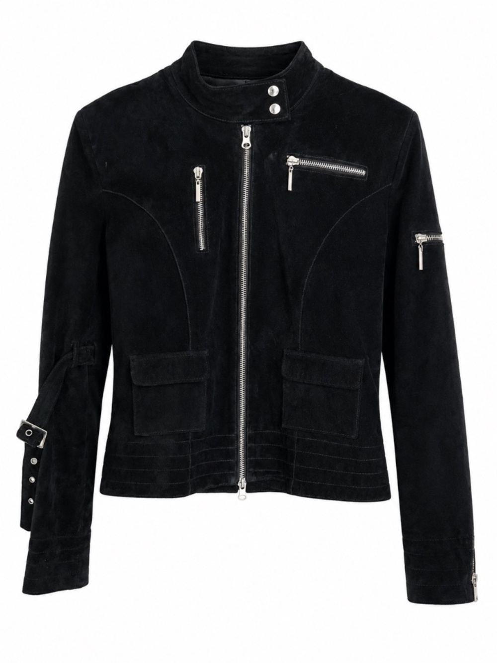 Mertillo Black Suede leather Moto Jacket Silver Hardware Cropped Fitted Small
